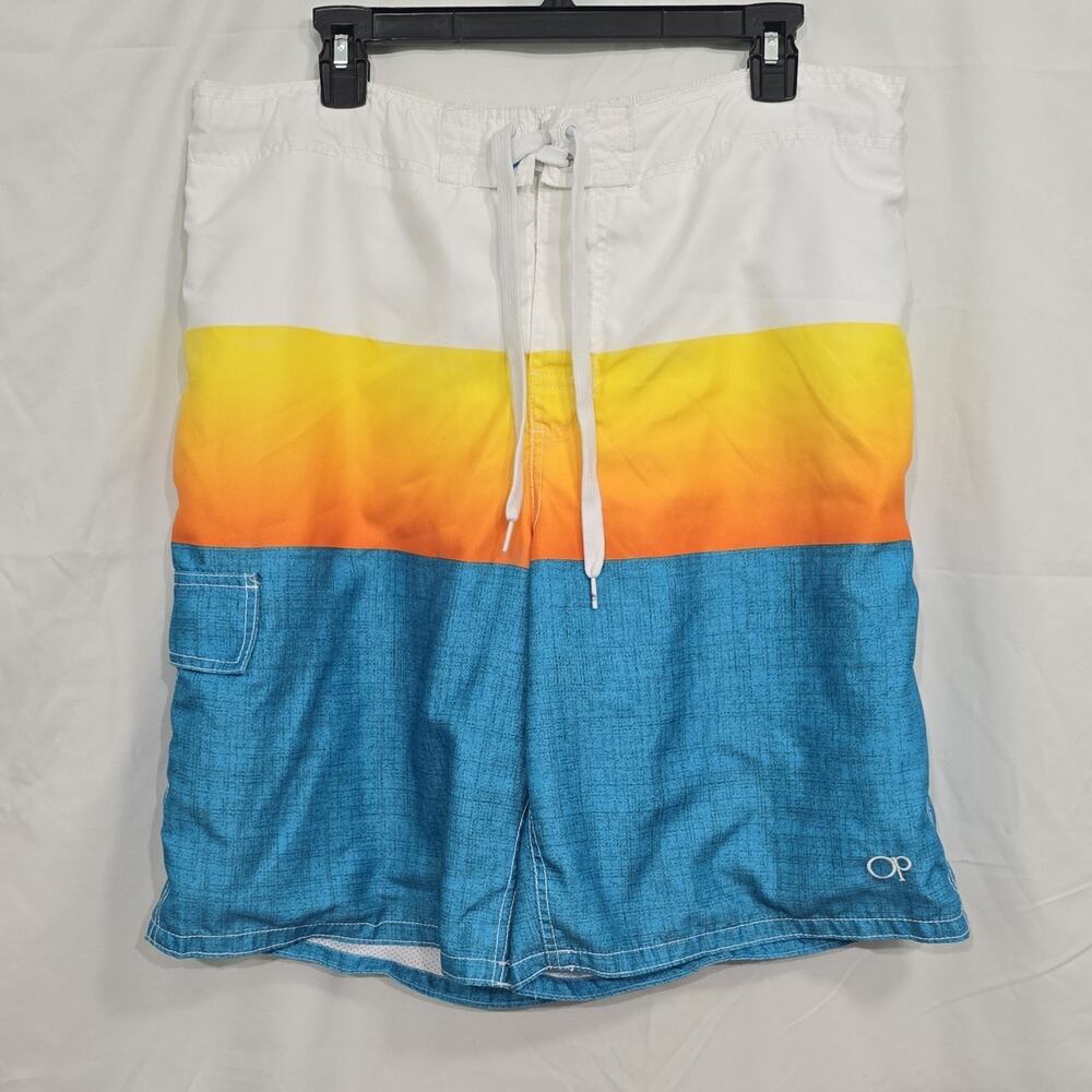 Op Men's Lg 36/38 Board Shorts Colorblock Blue White Yellow Orange Pockets